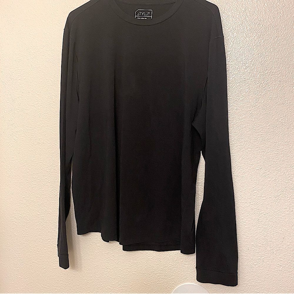 Stylus Mens crew neck Long Sleeve black henley pima cotton shirt tee  L